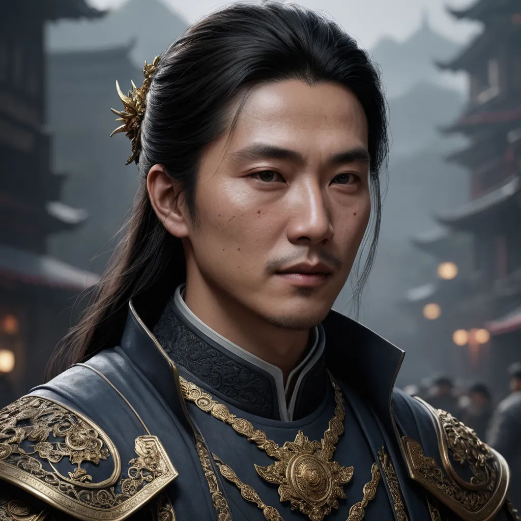 a man in a chinese costume standing in front of a building with a lot of people around him and a building in the background, photorealism, a character portrait, Dai Jin, unreal engine highly rendered