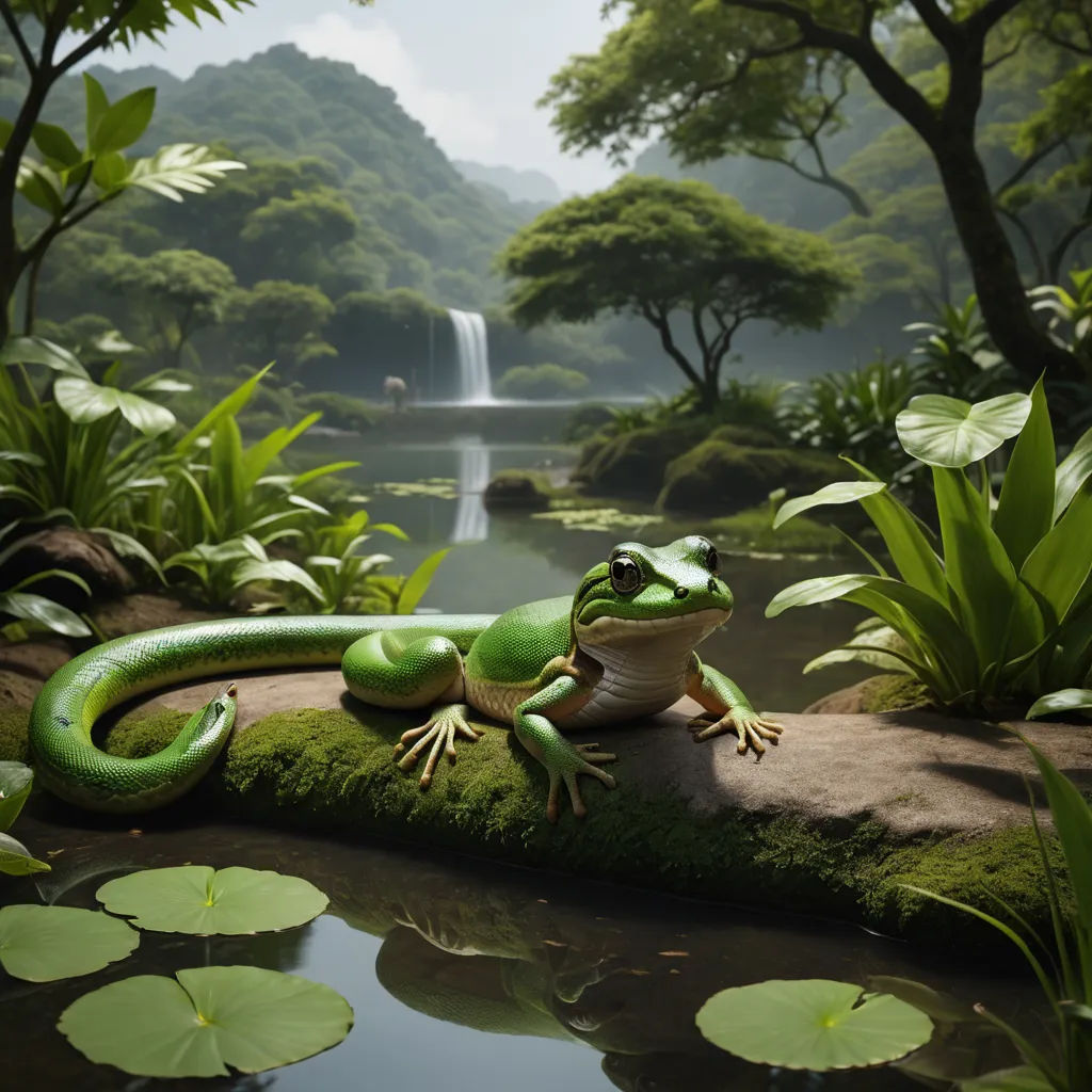 a green frog sitting on a log in a pond of water with lily pads around it and a waterfall in the background, photorealism, a detailed matte painting, Chris LaBrooy, photoreal