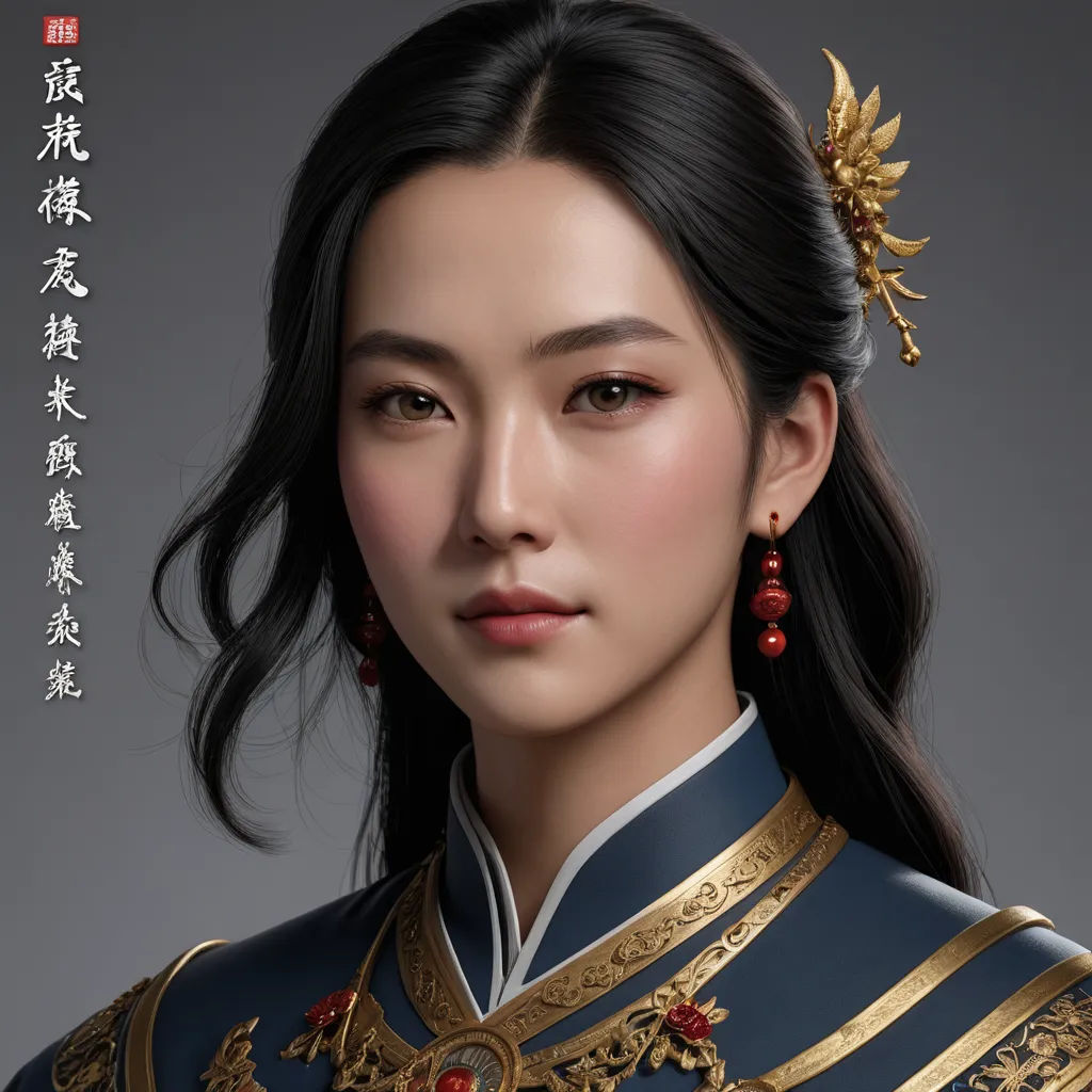 a woman in a blue and gold uniform with a gold crown on her head and a red bead in her hair, fantasy art, a character portrait, Chen Lin, realistic face