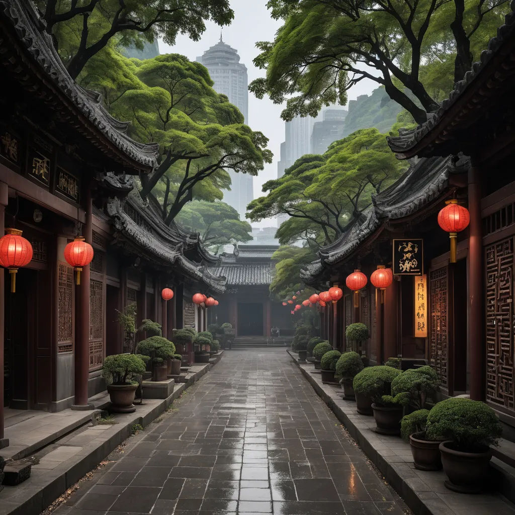 a long walkway with lanterns hanging from the ceiling and trees lining the walkways in the background, with a city skyline in the distance, cloisonnism, a detailed matte painting, Evgeny Lushpin, orientalism