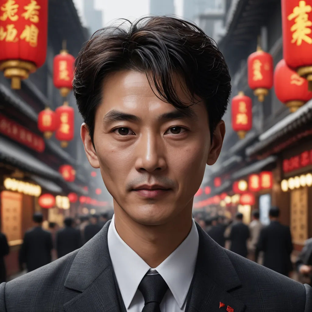 a man in a suit and tie standing in front of a building with red lanterns on it's sides, photorealism, a character portrait, Chen Jiru, promotional image