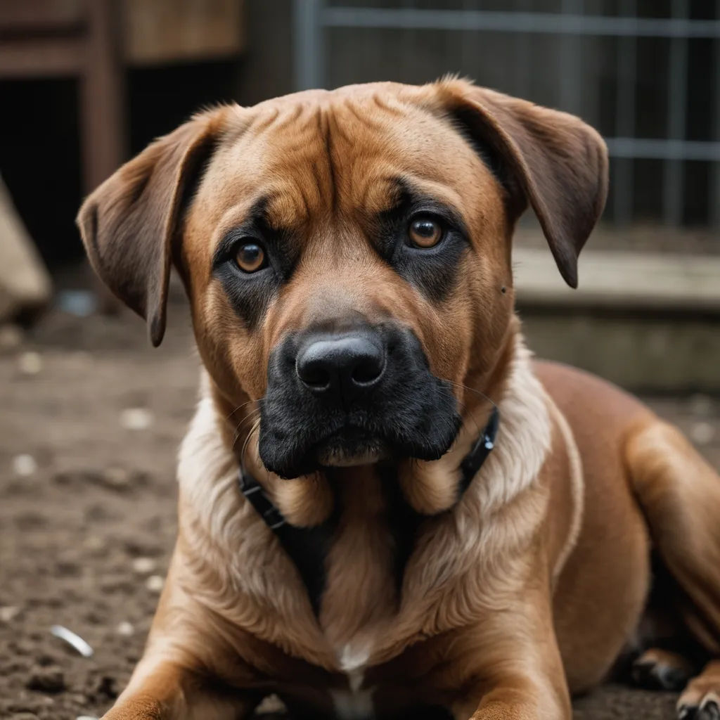 a dog laying on the ground with a sad look on his face and eyes, with a fence in the background, mannerism, a stock photo, Elke Vogelsang, animal photography