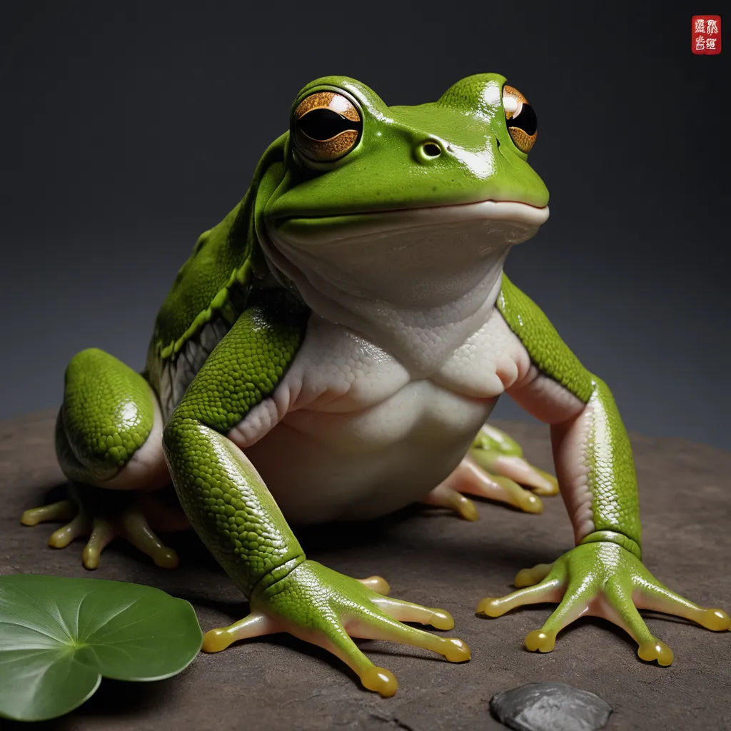 a frog sitting on a rock with a leaf on the ground next to it's legs and eyes, cloisonnism, a 3D render, Bian Jingzhao, behance hd