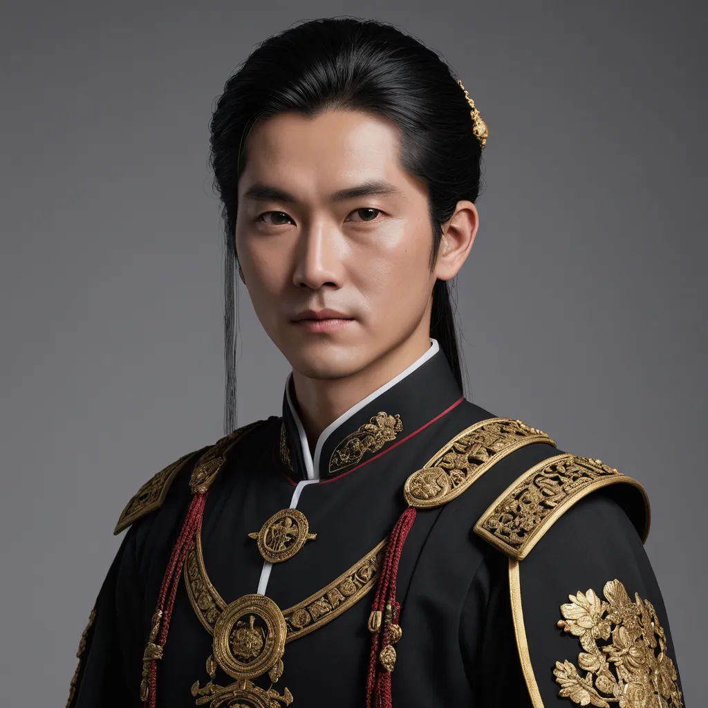 a man in a black and gold uniform with a gold crown on his head and a black and gold jacket on his shoulders, dau-al-set, a character portrait, Emperor Huizong of Song, movie still