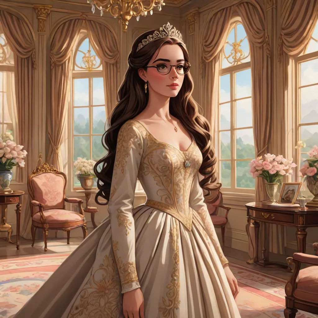 a woman in a dress standing in a room with a chandelier and a chandelier hanging from the ceiling, fantasy art, a storybook illustration, Charlie Bowater, kinkade