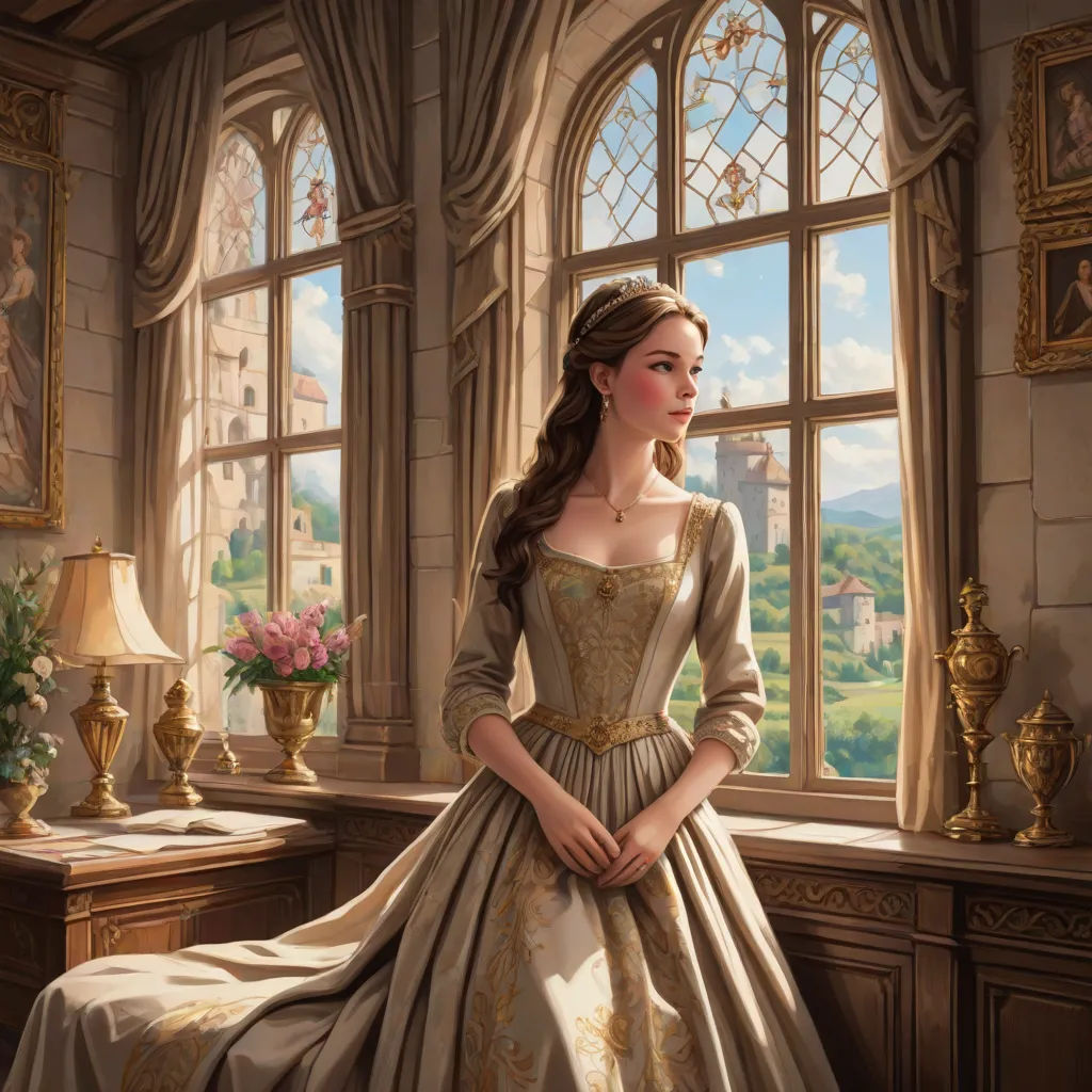 a painting of a woman in a dress looking out a window at a castle like setting with a vase of flowers, fantasy art, a storybook illustration, Clarice Beckett, storybook illustration