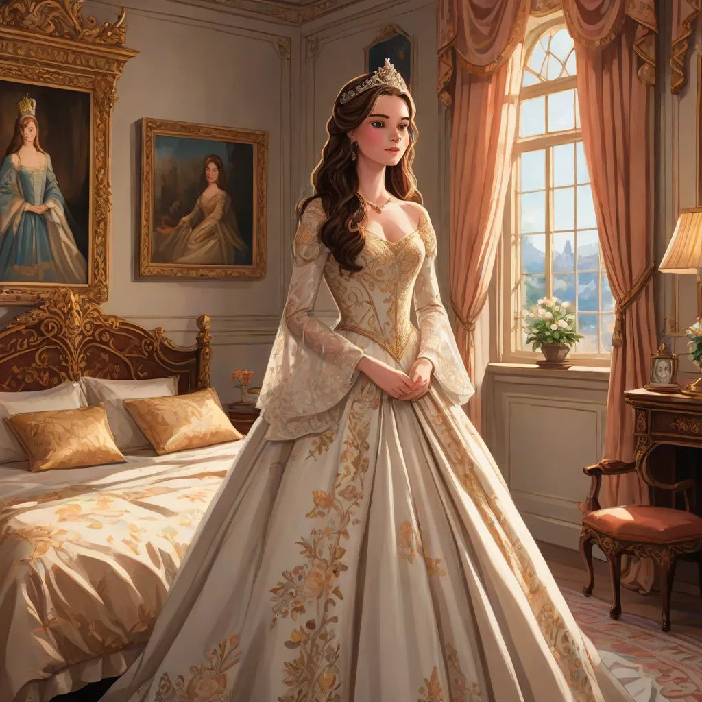a woman in a white dress standing in a bedroom next to a bed and a painting of a woman in a white dress, fantasy art, a storybook illustration, Clarice Beckett, storybook illustration