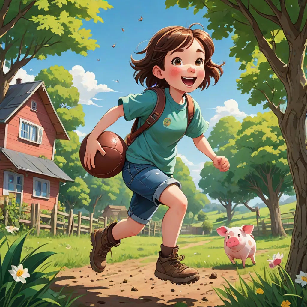 a girl running through a field with a pig in the background and a house in the background with a tree, american scene painting, a storybook illustration, Alejandro Burdisio, official art