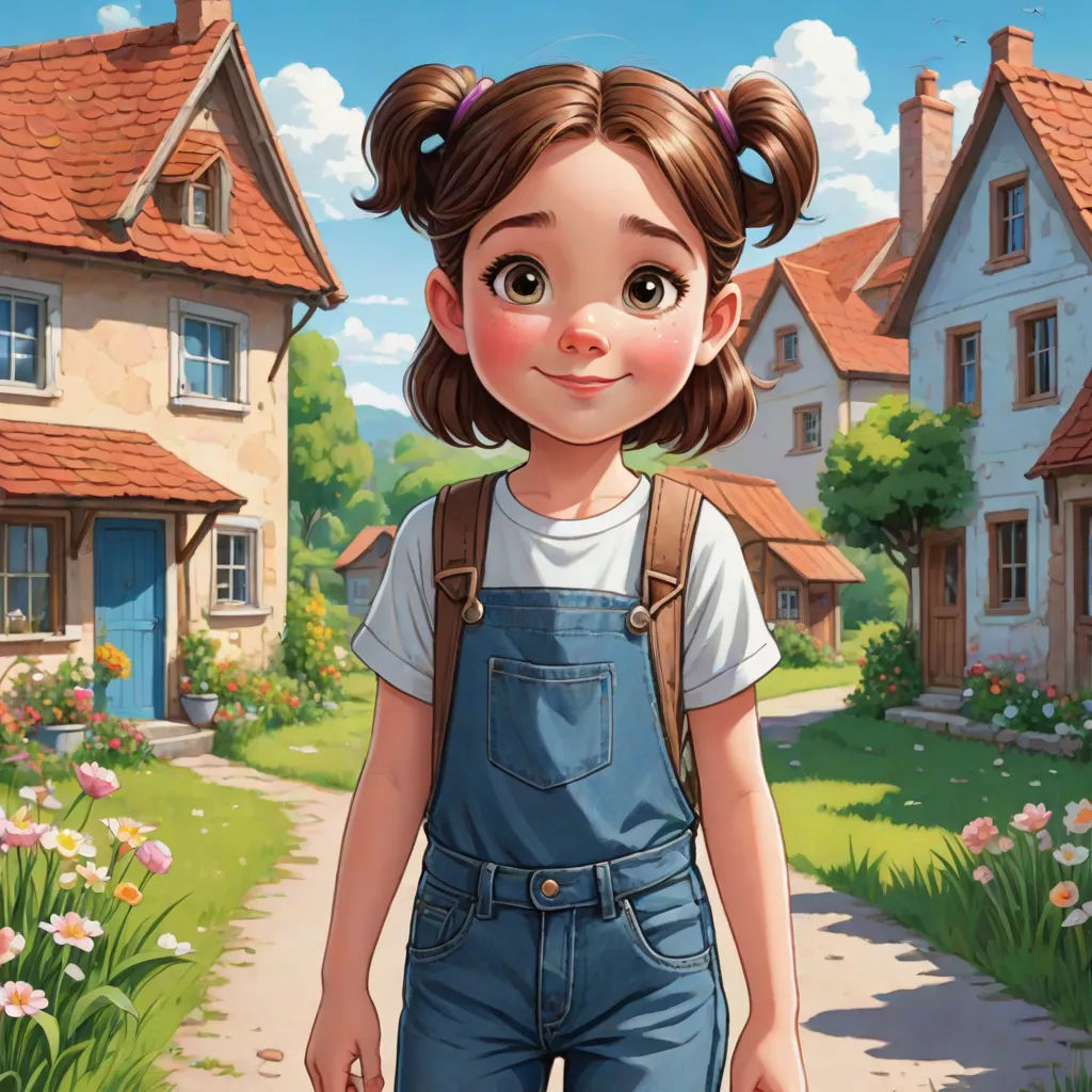 a girl in overalls standing in front of a house with a dog in the yard and a dog in the yard, magical realism, a storybook illustration, Bob Byerley, kinkade