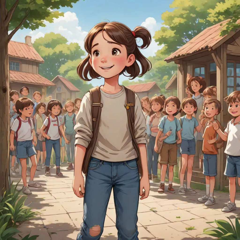 a girl standing in front of a group of children in a village with a boy in the background and a girl in the foreground, paris school, a storybook illustration, Clarice Beckett, official art