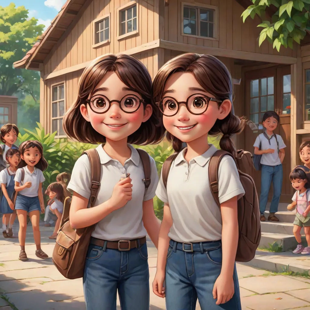 two girls in glasses standing in front of a house with a group of children behind them and a dog, vancouver school, a storybook illustration, Brothers Hildebrandt, cushart krenz