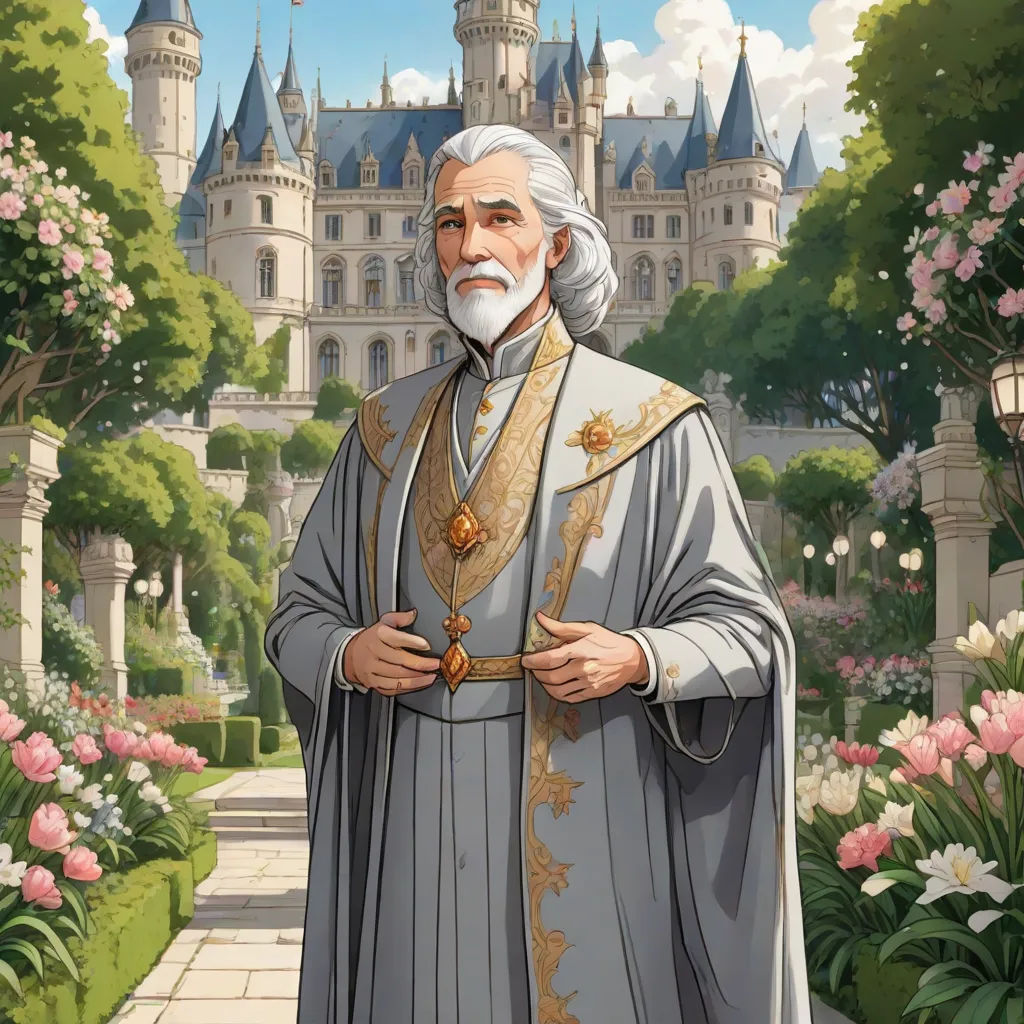 a man in a robe standing in front of a castle with flowers and trees around him and a castle in the background, sots art, a character portrait, Edmond Xavier Kapp, official art
