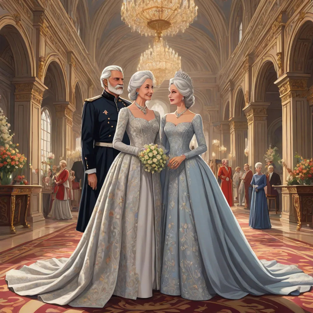 a painting of a couple in wedding dresses standing next to each other in a palace hall with a chandelier, magical realism, an ultrafine detailed painting, Brothers Hildebrandt, official art