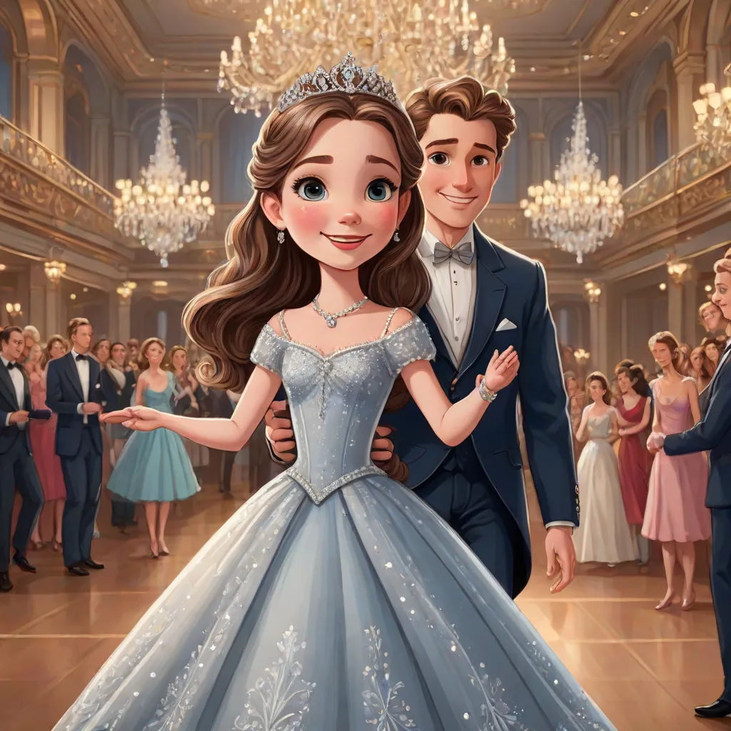 a cartoon of a man and woman in formal wear dancing in a ballroom with a crowd of people in the background, sots art, concept art, disney, official art