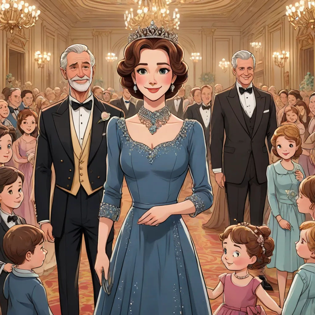a cartoon of a woman in a blue dress surrounded by people in formal dress and tuxedos, and a man in a suit and tie, remodernism, a storybook illustration, disney, official art