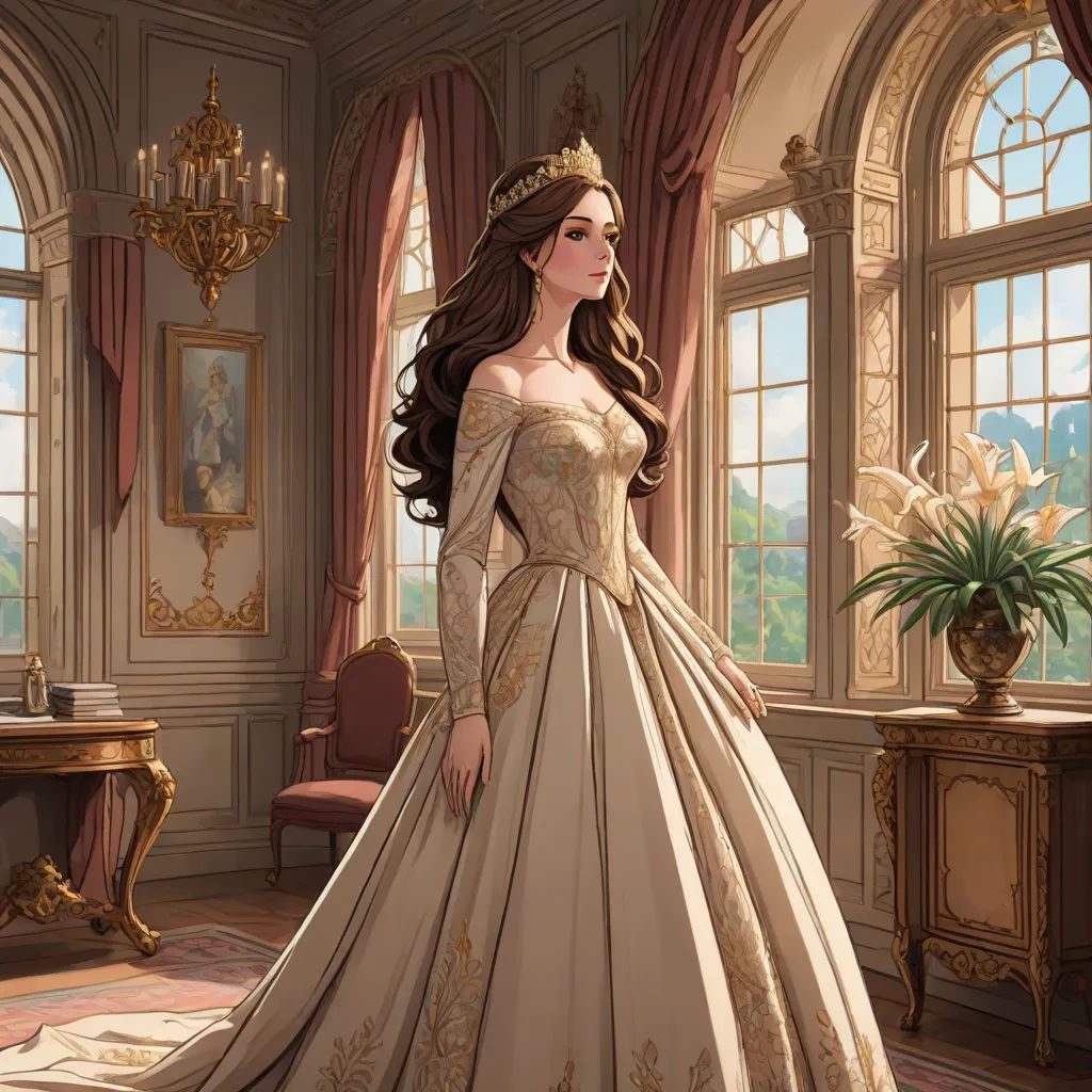 a woman in a dress standing in a room with a window and a plant in the corner of the room, fantasy art, a storybook illustration, Charlie Bowater, rossdraws global illumination