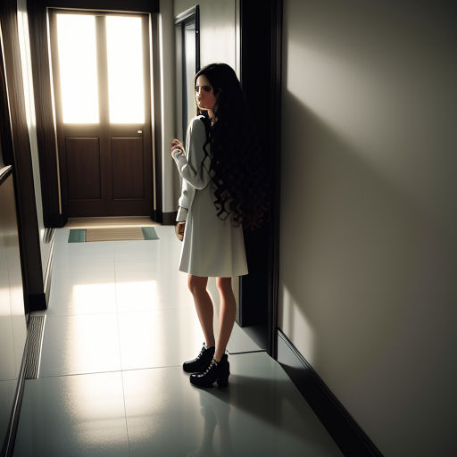 a woman standing in a hallway with her hair in the air and looking at her phone in her hand