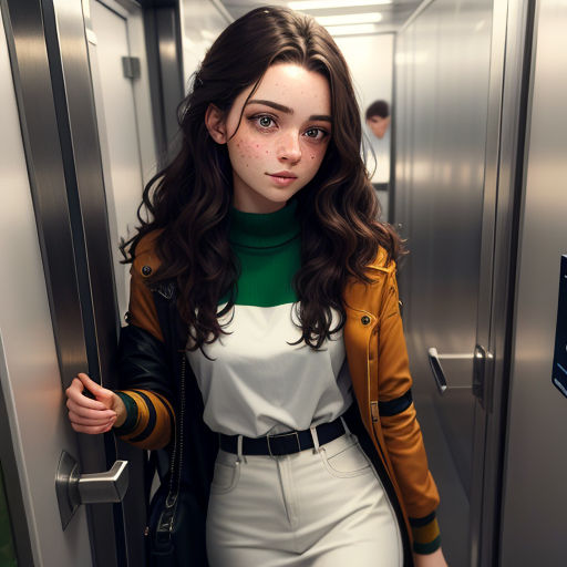 a woman in a yellow jacket is standing in a elevator with her hand on the door handle and looking at the camera