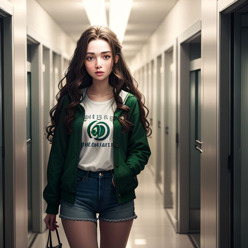a woman in a green jacket and white shirt is walking down a hallway with a handbag in her hand