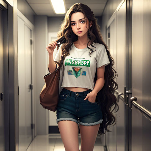 a woman with long hair is walking down a hallway with a handbag in her hand and a t - shirt with the word mashop on it