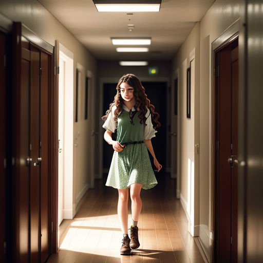 a woman in a green dress is walking down a hallway with her hand on her hip and a white shirt on