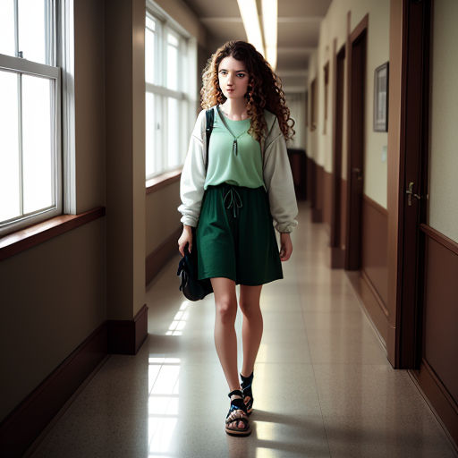 a woman walking down a hallway in a green dress and a white sweater with a black purse on her shoulder
