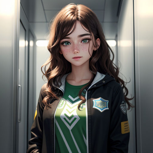 a woman in a green and black jacket standing in a hallway with a door open and looking at the camera