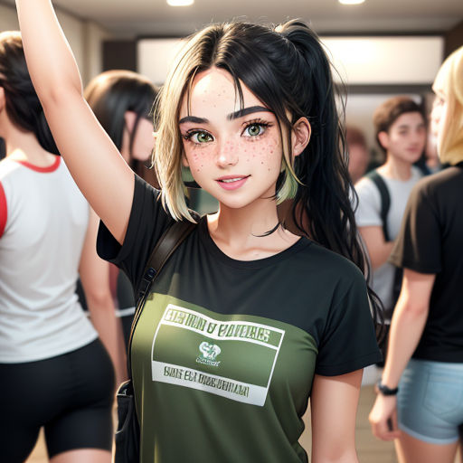 a girl with freckles and a black shirt is standing in a group of other girls in shorts