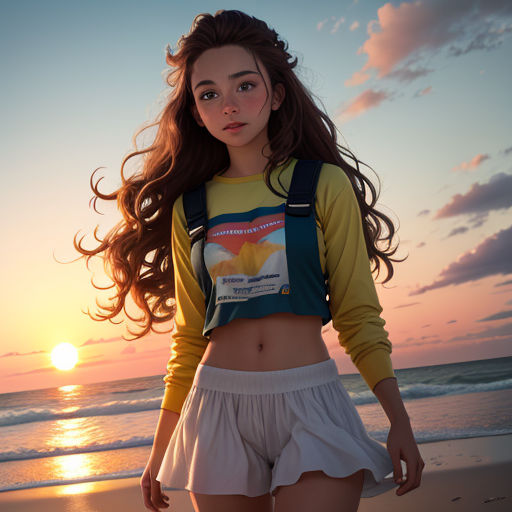 a woman standing on a beach next to the ocean at sunset with her hair blowing in the wind and a sun setting behind her