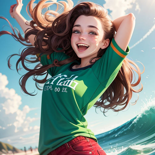 a girl with long hair is smiling and waving her arms in the air while standing on a beach with a wave in the background