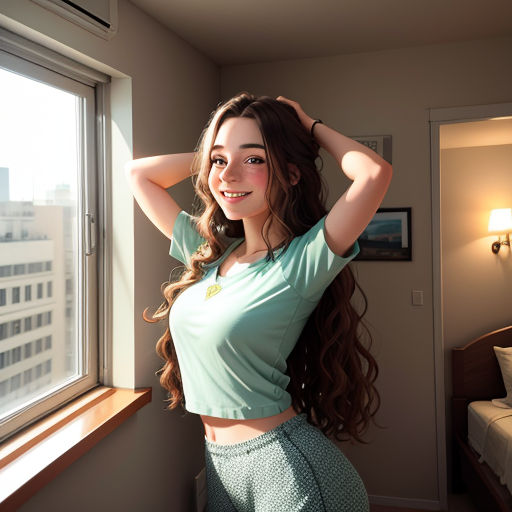 a woman standing next to a window in a bedroom with a green shirt on and a green skirt on