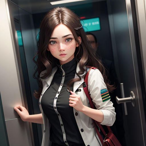a woman in a black and white shirt and a red purse is standing in a elevator with her hand on her hip