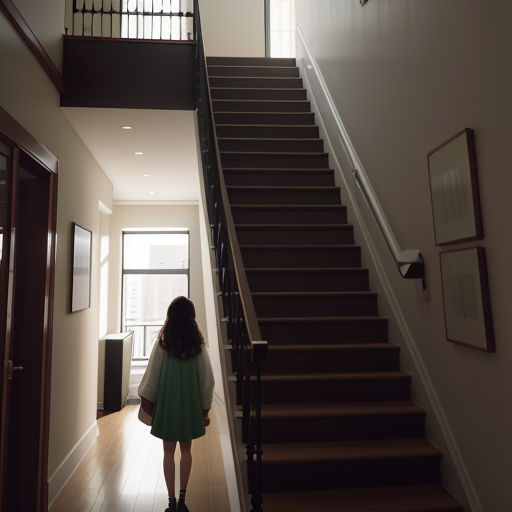 a woman walking down a hallway next to a stair case and a clock on the wall above the stairs