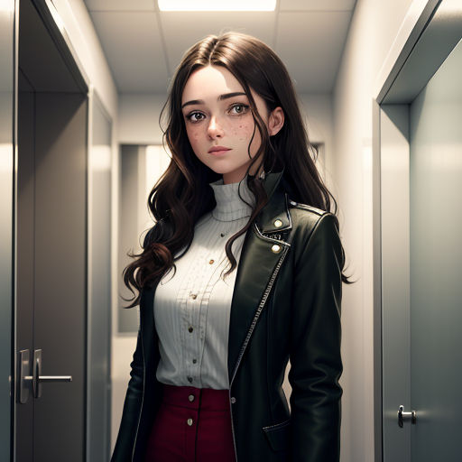 a woman in a black jacket and white shirt standing in a hallway with a black jacket on her shoulders