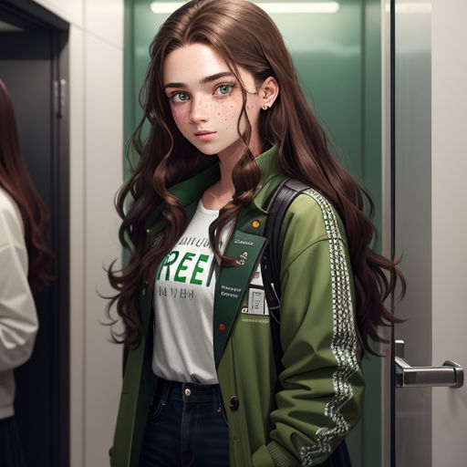 a girl with long hair standing in a hallway with a green door and a green jacket on her shoulders