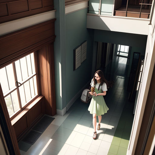 a woman in a green dress is walking down a hallway with a handbag and a purse in her hand