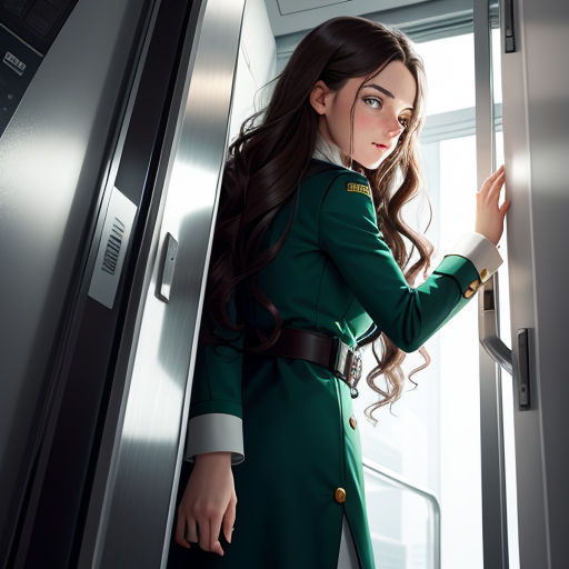 a woman in a green uniform is standing in a doorway and looking out the window of a plane or plane