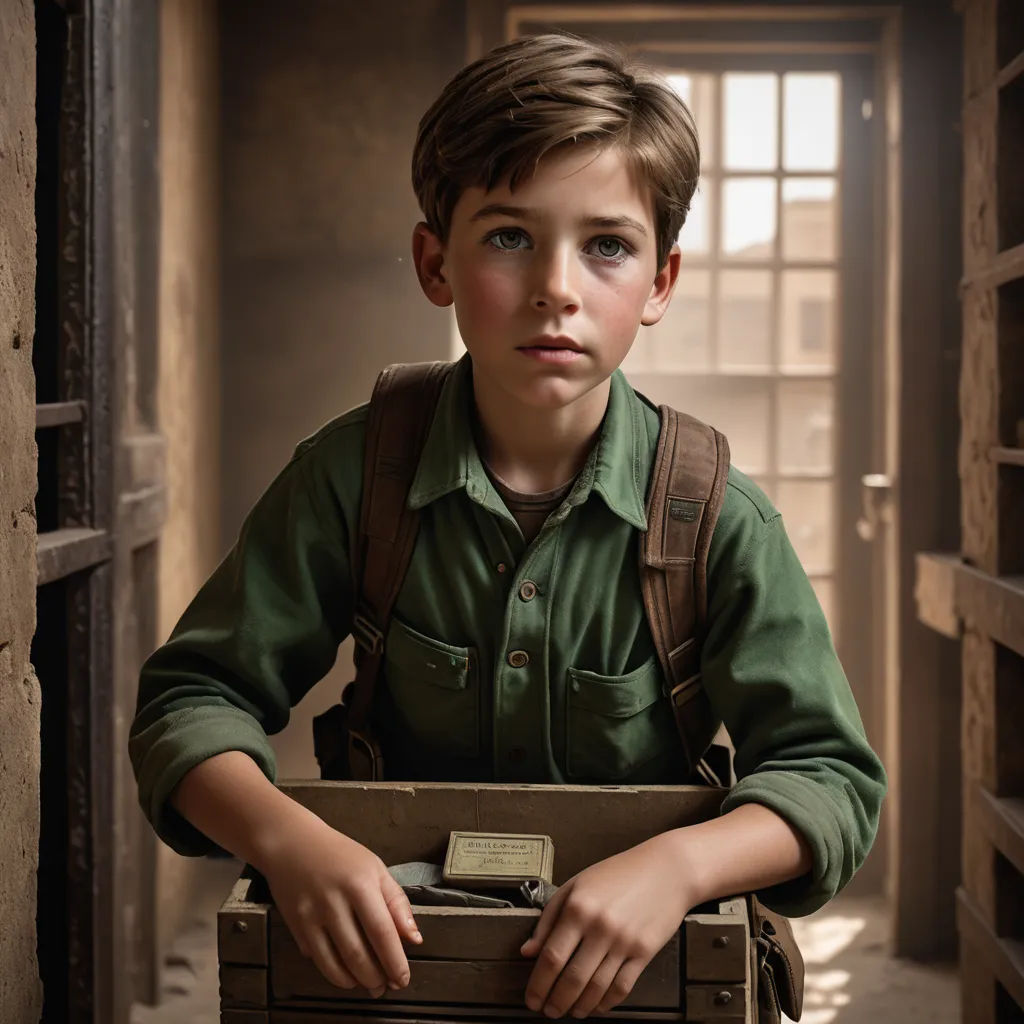 a boy in a green shirt is holding a box with a small keyboard in it and a window behind him, photorealism, a detailed matte painting, Diego Gisbert Llorens, cinematic photography