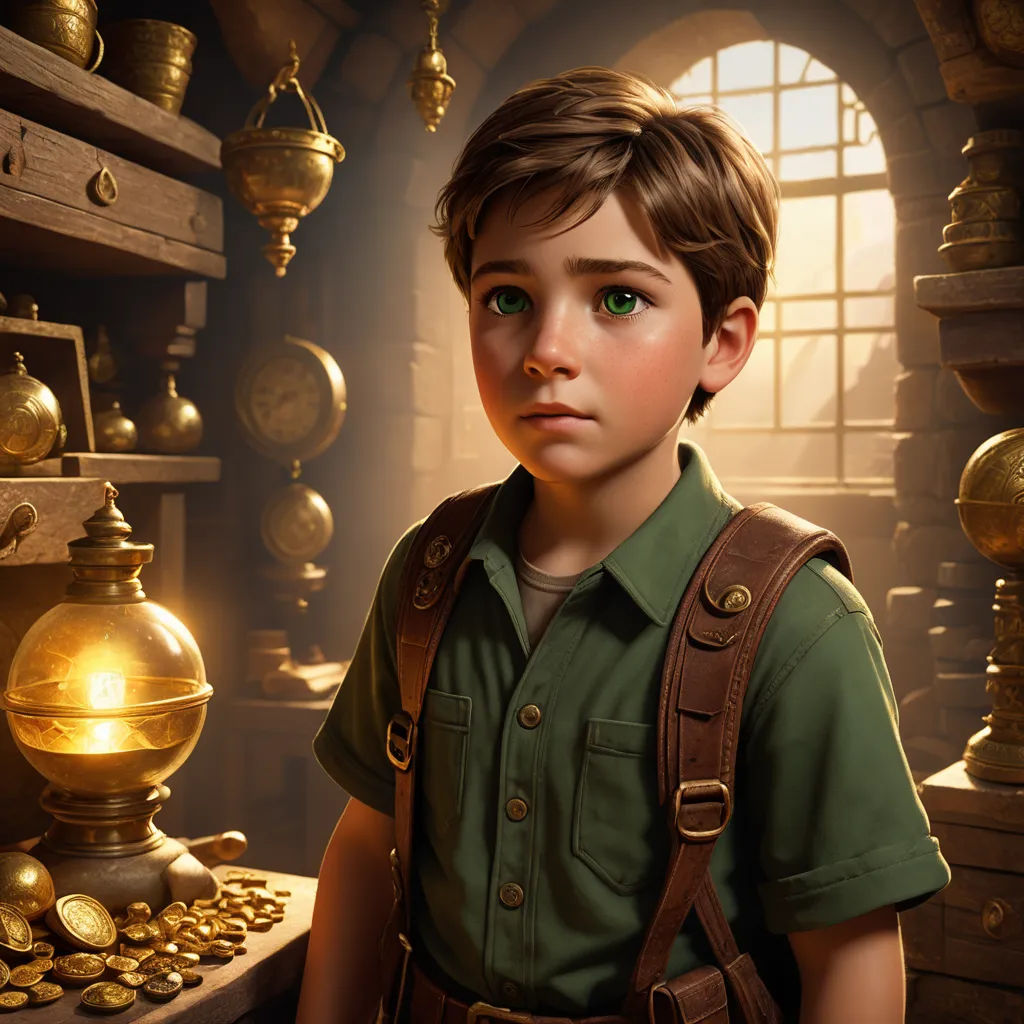 a boy in a green shirt and a green shirt and a gold globe and a window with a light, sots art, a detailed matte painting, Clint Cearley, rossdraws global illumination