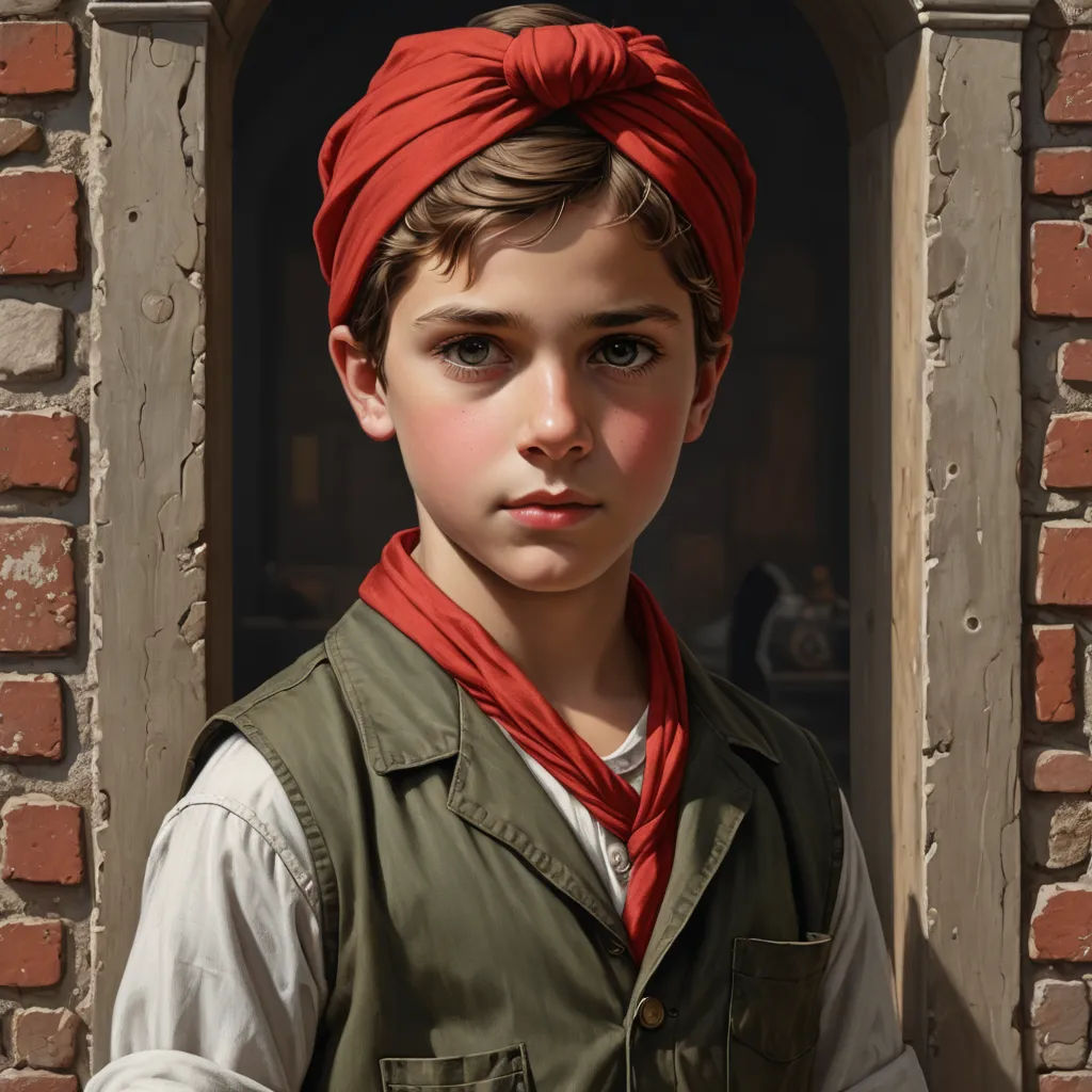 a painting of a boy with a red bandana on his head and a green vest on his shoulders, photorealism, a photorealistic painting, Alejandro Burdisio, j. c. leyendecker 8 k