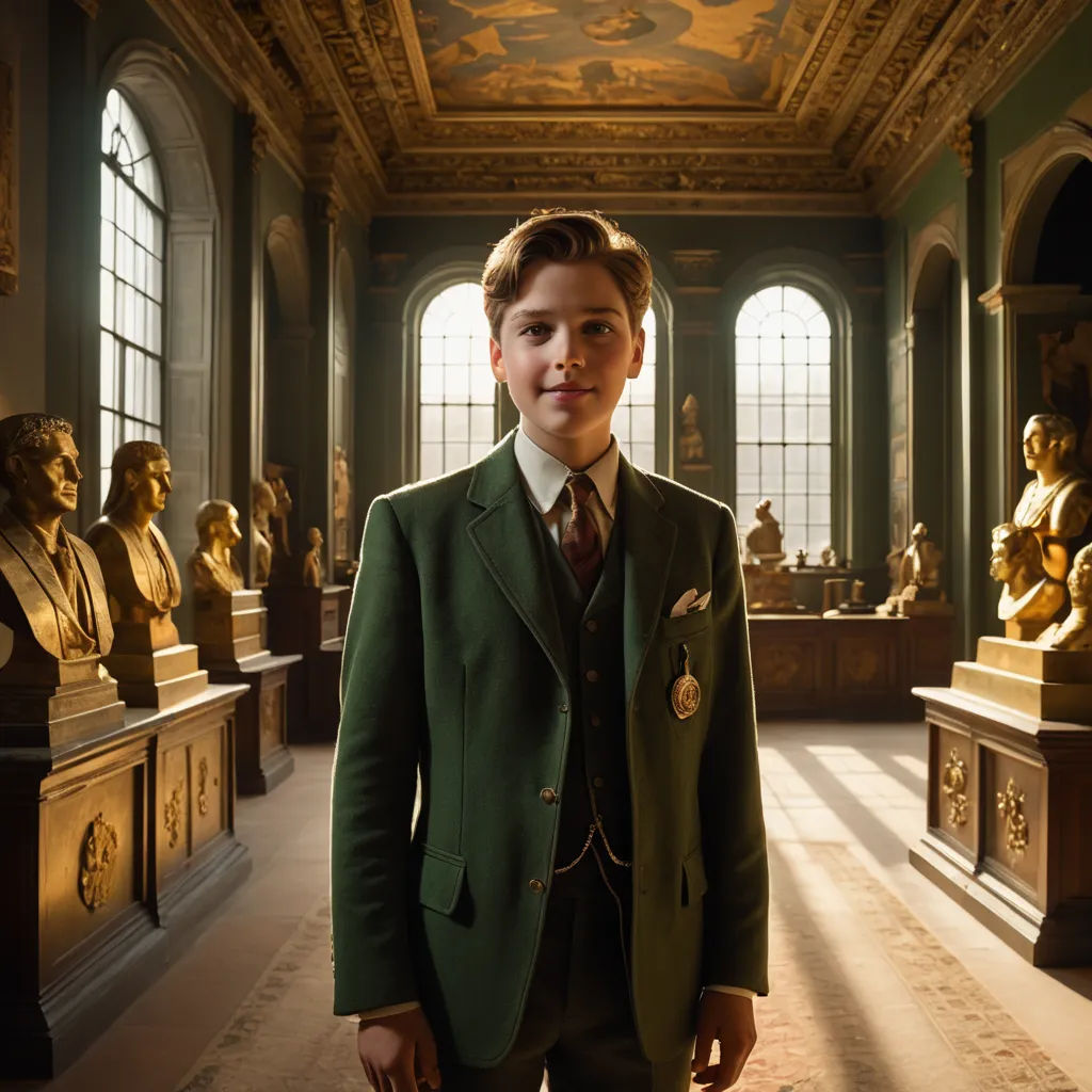 a young boy in a green suit standing in a room with statues of busturines and a ceiling, arts and crafts movement, a character portrait, Felix Octavius Carr Darley, promotional image