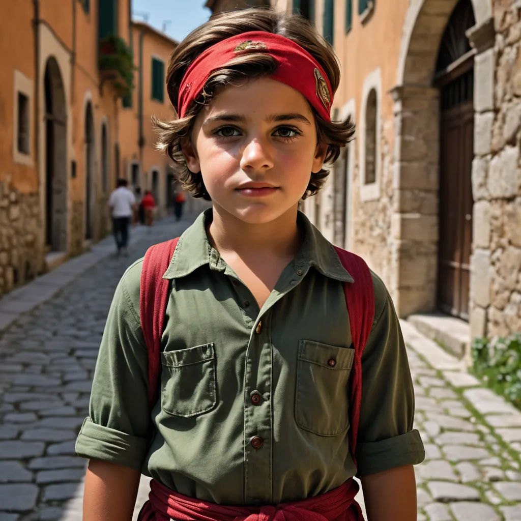 a young boy with a red bandana on his head and a green shirt on his shirt and a red backpack, mannerism, a character portrait, Enrico Baj, young