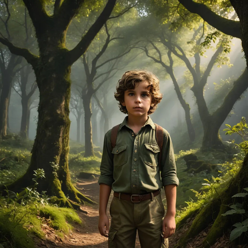 a young boy standing in a forest with a backpack on his back and a trail in the background with trees, magical realism, a detailed matte painting, Diego Gisbert Llorens, cinematic photography