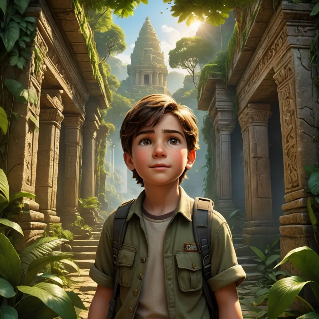 a boy in a jungle with a temple in the background and a tree in the foreground, and a man in a backpack, standing in front of a jungle, photorealism, a detailed matte painting, Cliff Childs, rossdraws global illumination