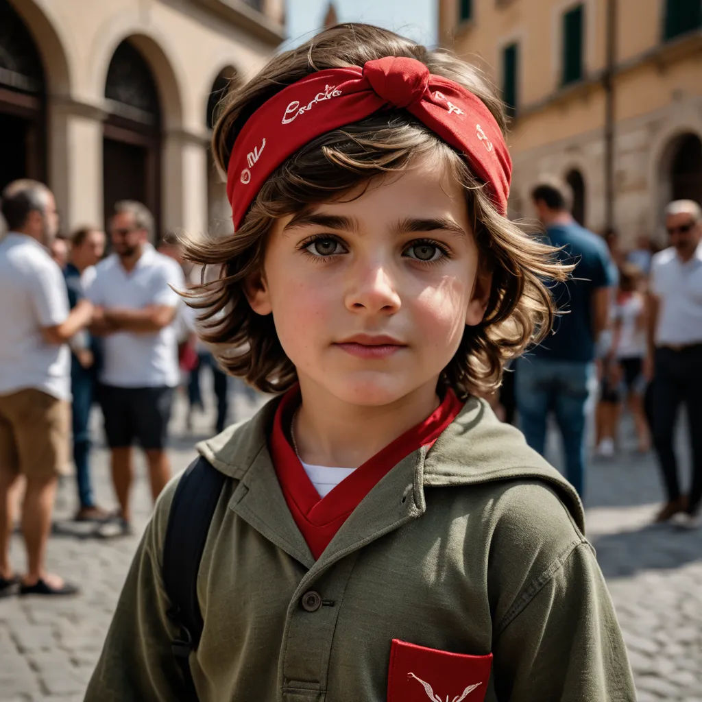 a young boy with a red bandana on his head and a crowd of people in the background standing on a street, neoism, a character portrait, Alesso Baldovinetti, young