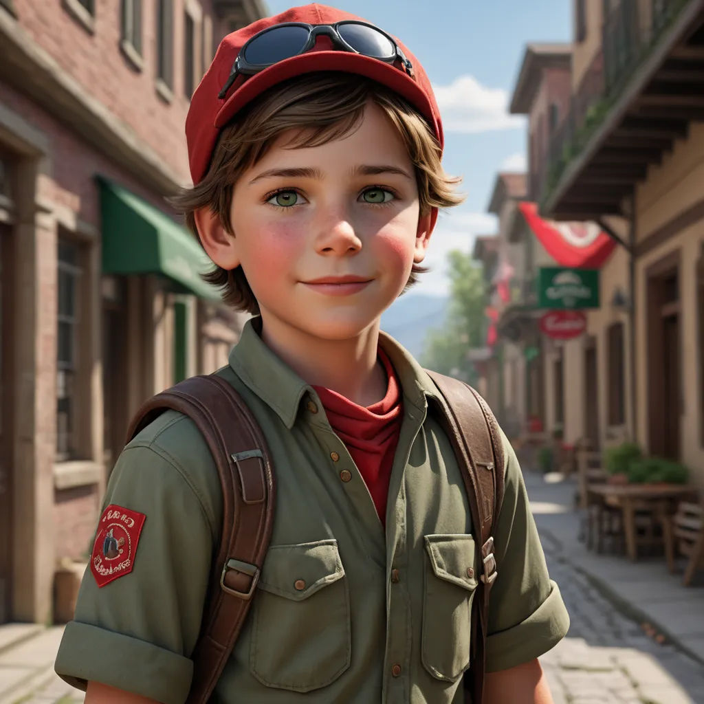 a boy in a red helmet and green shirt is standing in the street with a backpack on his shoulder, photorealism, a character portrait, Alejandro Burdisio, unreal engine 5 highly rendered