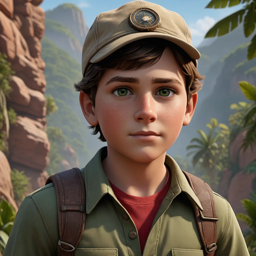 a boy in a hat and a green shirt and a brown backpack and some trees and rocks and a mountain, photorealism, a character portrait, Cliff Childs, promotional image