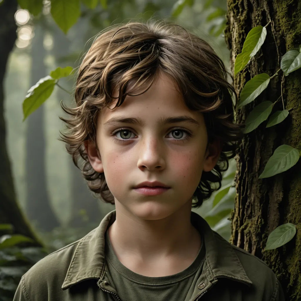 a young boy standing next to a tree in a forest with green leaves on it's branches and a green shirt on, photorealism, a character portrait, Daniel Lieske, kai carpenter