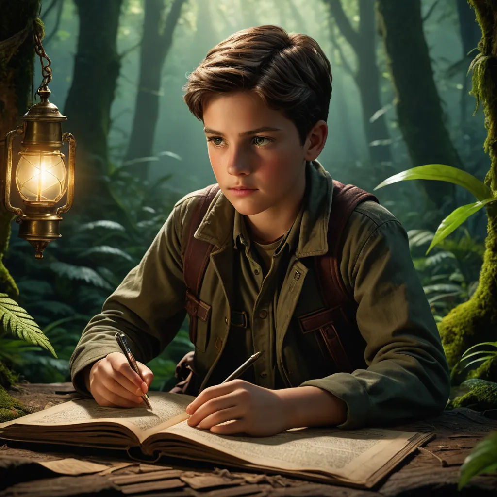 a boy in a forest with a lantern and a book in his hands, writing something on a paper, photorealism, a detailed matte painting, Diego Gisbert Llorens, promotional image
