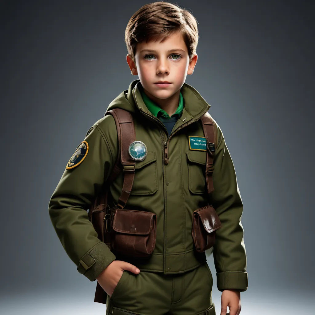 a boy in a green uniform is posing for a picture with his hands on his hips and his hands on his hips, photorealism, a character portrait, Diego Gisbert Llorens, promotional image